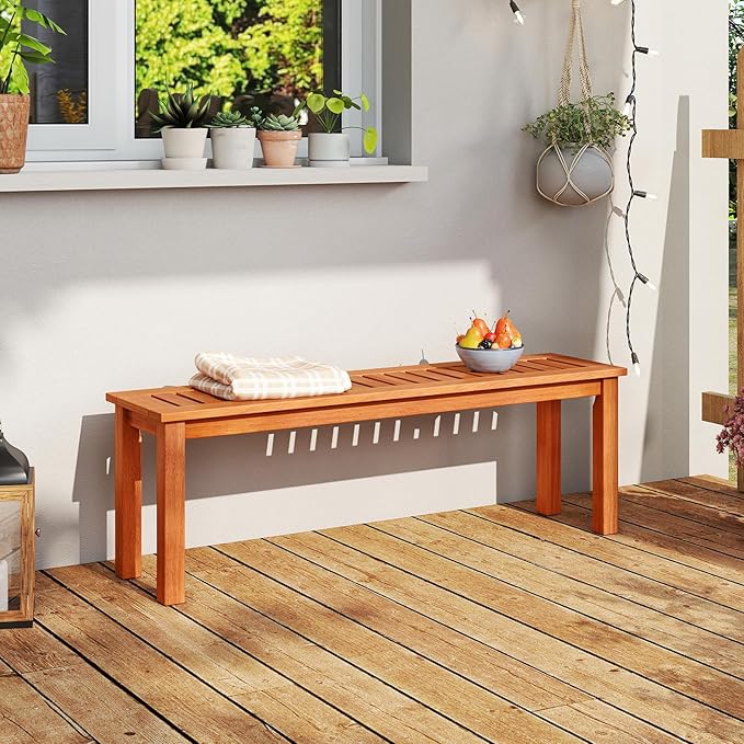 Tangkula 47 Inch Patio Wood Bench, 2-Person Backless Bench w/Slatted Seat, Indoor Outdoor Dining Bench for Backyard, Poolside, Entryway, Porch