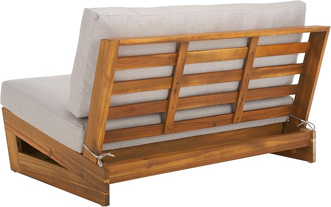 SAFAVIEH Outdoor Patio Furniture Collection Lynn Natural & Light Grey Solid Wood Sofa (PAT7329B)