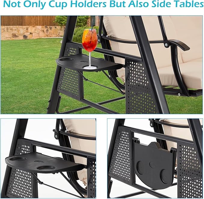 AECOJOY Outdoor Porch Swing, 3-Seat Porch Swing with Adjustable Canopy, Outdoor Swings for Adult with Beige Removable Cushions for Backyard, Garden, Yard, Poolside, Balcony