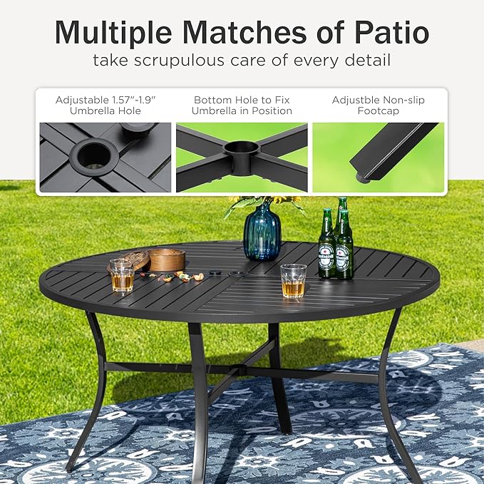 PHI VILLA 5 Piece Patio Dining Set, 4 Outdoor Swivel Dining Chairs and Large Round Dining Table(1.57’’ Umbrella Hole), All Weather Table and High Back Chairs for Outdoor Lawn Garden