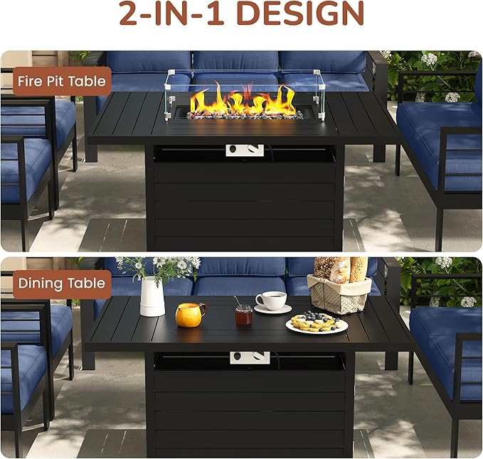 Solaste Aluminum Patio Furniture Set with Fire Pit Table, 4 Piece Metal Outdoor Furniture with Water-Resistant Cushions, Modern Patio Conversation Set for Balcony, Front Porch, and Backyard,Blue