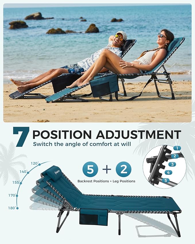 KingCamp Oversized Tanning Chair, Extra-Wide Padded Folding Chase Lounge Chairs Portable Adjustable 5-Position 400lbs Heavy Duty Lounger with Double-Layer Oxford for Outdoor Beach Patio Sun Pool