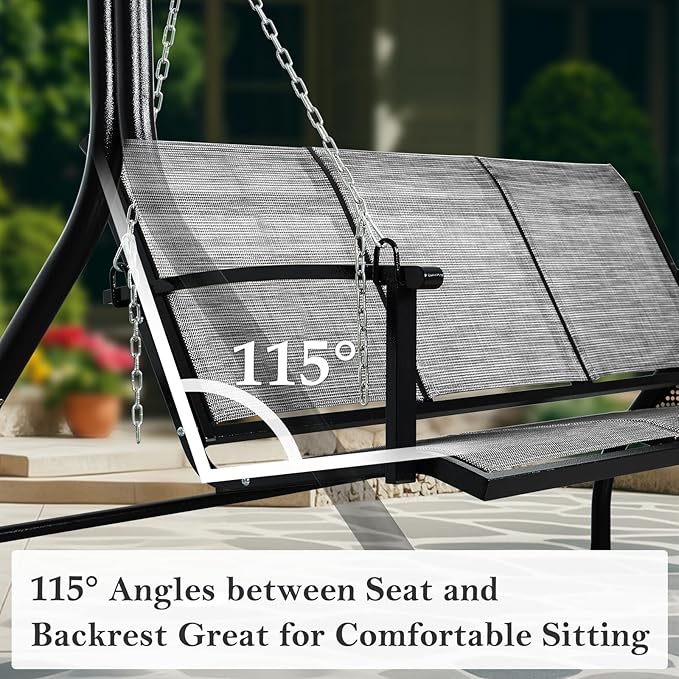 Textilene 3 Seat Hanging Swing, 5.2FT Patio Bench Swing, 660lbs Heavy Duty Outdoor Porch Swing with Hanging Chains for Courtyard, Garden, Tree, Yard