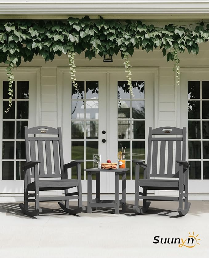 Oversized Outdoor Rocking Chair, HDPE All Weather Resistant Patio Rocking Chair, High Back Porch Rocking Chair, 380lbs Weight Capacity, Dark Grey