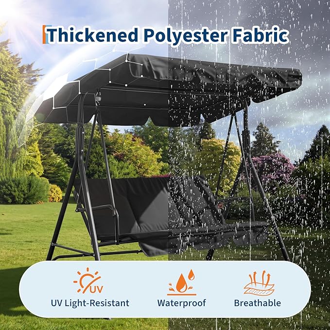3 Person Porch Swing Chair,Outdoor Patio Swing Chair with Adjustable Canopy and Armrests,Breathable Fabric Seat & Backrest,Outdoor Swing for Backyard, Garden, 600 Lbs Max Load