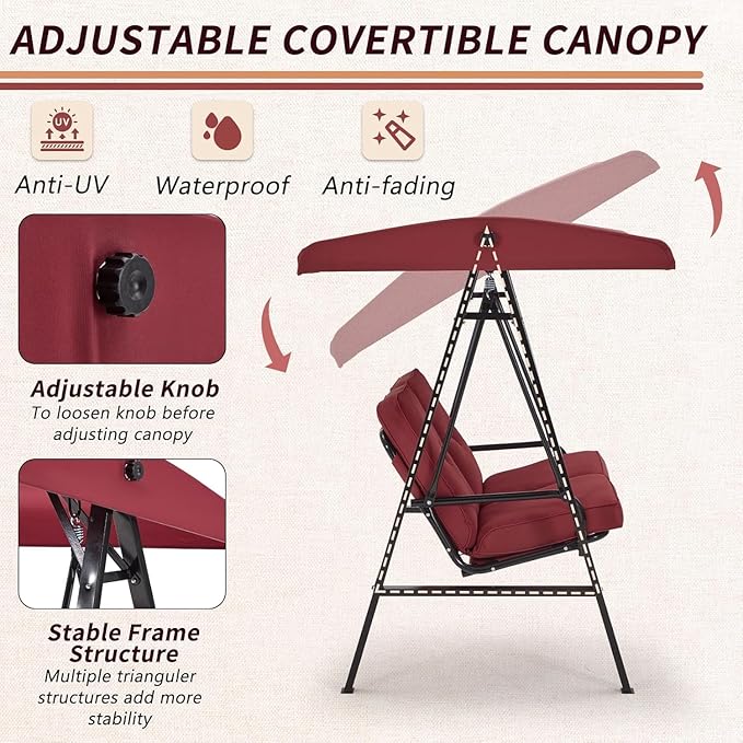 AECOJOY 2-Seat Outdoor Patio Swing Chair with Cover, Porch Swings Chairs for Adult, Outside Swing Bench with Adjustable Canopy&Removable Cushion, Red