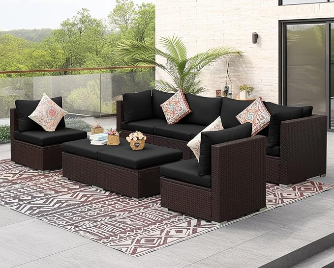 NICESOUL 8 Seater Modern Outdoor Seating Group, Plus Size Big Wicker Patio Modular Sectional with Ottoman, 29.3'' High Back Comfy Conversation Sets for Outside, Brown Rattan and Black Cushion