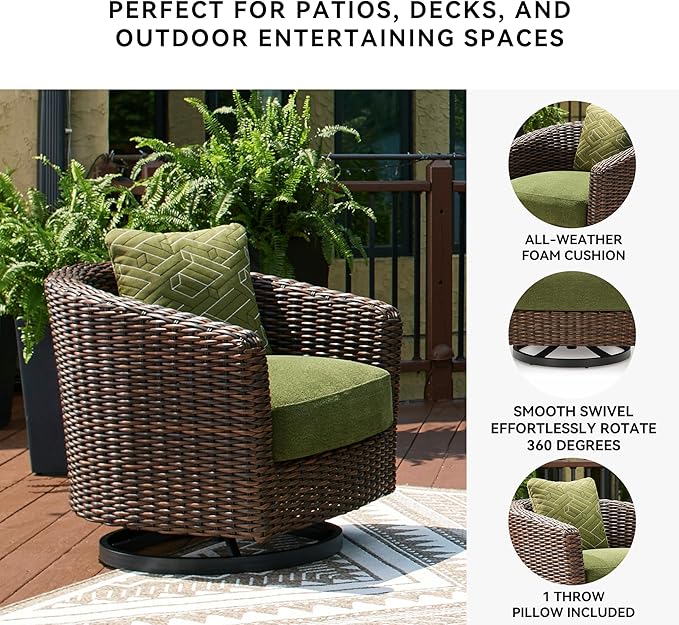 Signature Design by Ashley Horizon Hall Casual Outdoor Weather Resistant Swivel Lounge Chair with Removable Cushion, Green & Dark Brown