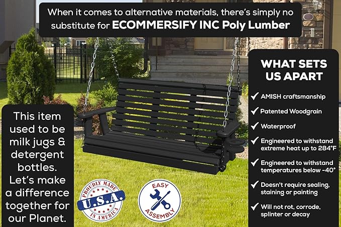 Poly Lumber Wood 5FT Porch Swing Amish Craftsmandship Made in USA HDPE with No wood fibers and 1000 lbs Limit. Stainless Steel Hardware.Signature Rollback design for Patio Outdoor Backyard Garden Park