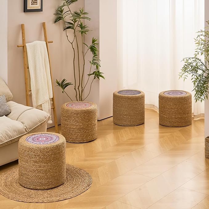 Wimarsbon Round Pouf Ottomans, Handwoven Natural Water Hyacinth Seagrass Pouffe,Outdoor Rattan Stool Accent Seat, Bohemian Coastal Home Decor (18inch Natural Cattail-Boho 4)
