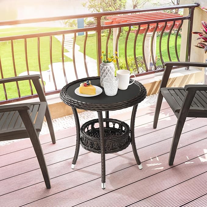 VINGLI Outdoor Wicker Side Table, Patio Side Tables for Outside Tempered Glass Top Wicker Table with Storage End Table for Balcony Porch Deck (Dark Brown)