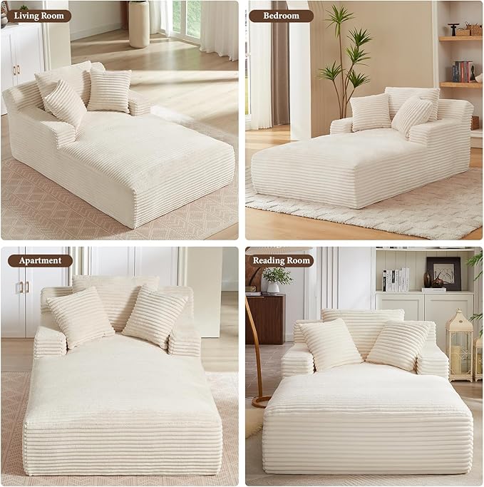 78.7" Chaise Lounge Chair Indoor, Oversized Boneless Couch Comfy Upholstered Sleeper Sofa Bed with 3 Pillows, Corduroy Cloud Reading Chair for Living Room No Assembly Required, White