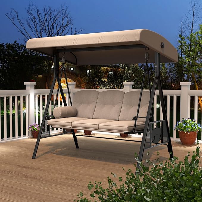 AECOJOY Outdoor Porch Swing, 3-Seat Porch Swing with Adjustable Canopy, Outdoor Swings for Adult with Beige Removable Cushions for Backyard, Garden, Yard, Poolside, Balcony