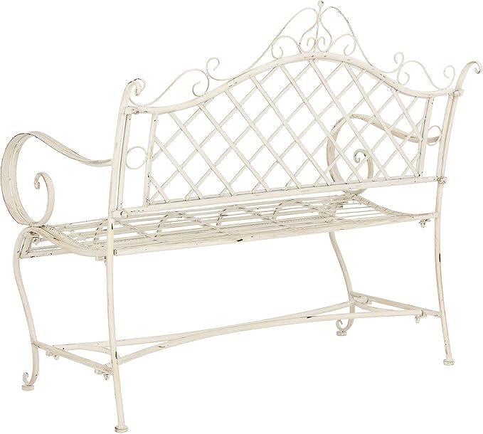 Safavieh PAT5017A Collection Adina Antique White Wrought Iron 51.25" Outdoor Garden Bench
