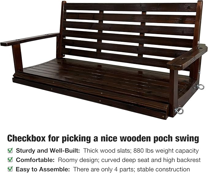Wooden Porch Swing, Ergonomic Seat, Bench Swing with Hanging Chains and 7mm Springs, Heavy Duty 880 LBS, for Outdoor Patio Garden Yard (Dark Brown, 2-Seater Extra Large)