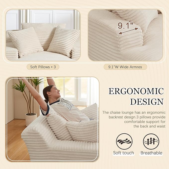 80 Inch Chaise Lounge Chair Indoor, Oversized Corduroy Upholstered Boneless Sofa Bed, Deep Seat Sleeper Couch Reading Chairs, Cloud Sofas Couches for Living Room, No Assembly Required (Beige)