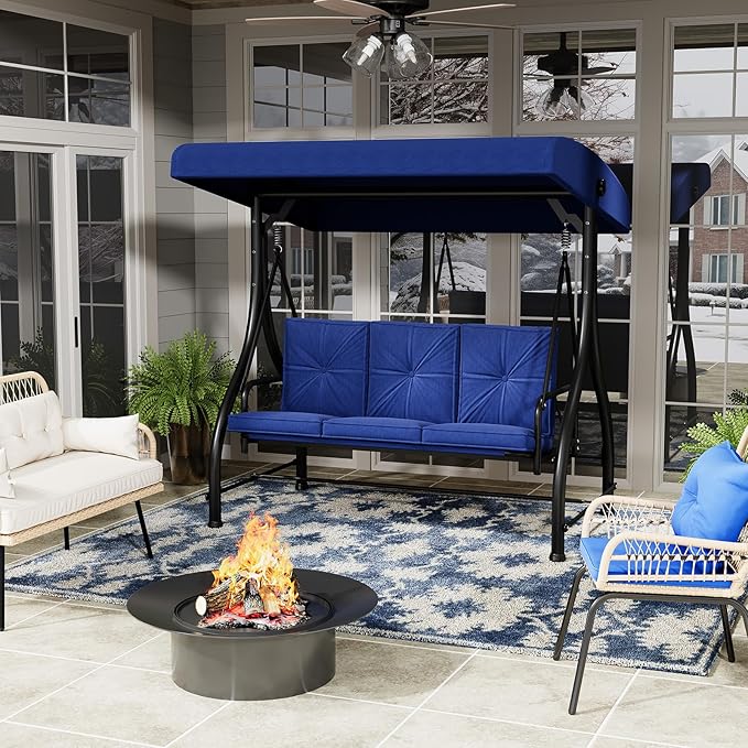 U-MAX Porch Swing Chair with Adjustable Backrest&Canopy, 3 Seat Patio Swing with Canopy 2-in-1 Convertible Outdoor Swing with Canopy Patio Daybed with Removable Blue Cushions for Adults