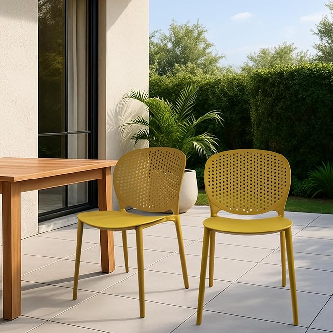 2xhome Set of 4 Patio Dining Chairs | Modern Stackable Outdoor Pool Side Chair | Weather Resistant Plastic for Yard, Porch, Balcony, Kitchen, Yellow
