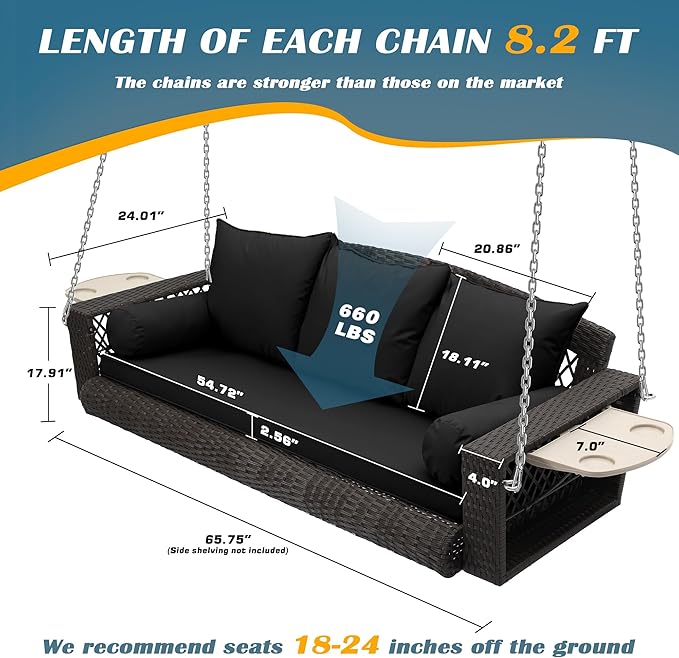 Outdoor Wicker Patio Porch Swing - 3 Person Swing Outdoor Hanging Porch Swing Seat Bench with Chains for Yard, Deck, Garden (Brown Rattan Black Cushion)