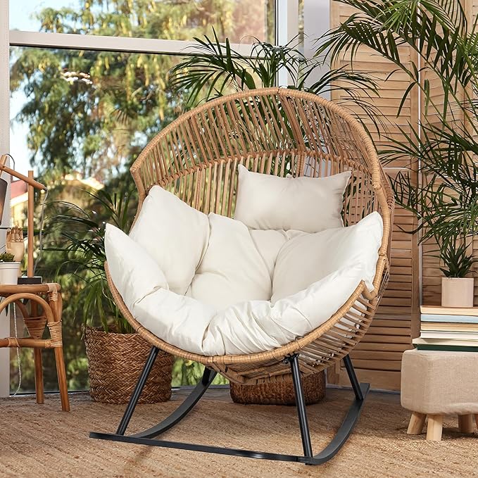 JAMFLY Egg Chair Rocking Chairs, Wicker Patio Chair Oversized Lounger Chair with Cushion for Indoor Living Room Bedroom Outdoor Patio Backyard Balcony Garden, Beige