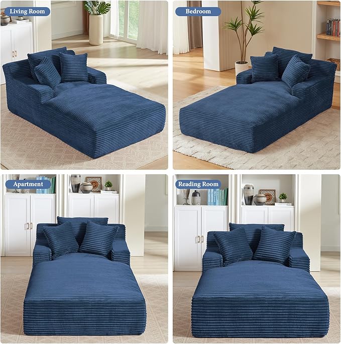 78.7" Chaise Lounge Chair Indoor, Oversized Boneless Couch Comfy Upholstered Sleeper Sofa Bed with 3 Pillows, Corduroy Cloud Reading Chair for Living Room No Assembly Required, Blue