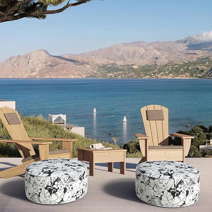 Inflatable Ottoman Stool D21 xH9 for Outdoor/Indoor Use, Water Repellent Patio Foot Rest with Portable Handle,Round Pouf Ottoman Suitable for Garden,Deck and Camping-Tropical Blossom Noir