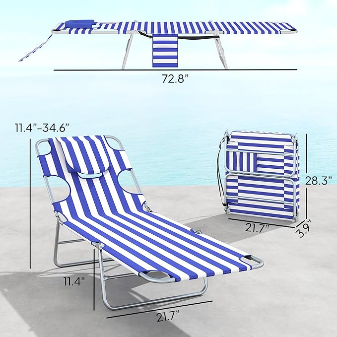 Outsunny Chaise Lounge Chair Outdoor Set of 2 with Face Arm Hole, 5-Position Reclining Face Down Tanning Chair with Carry Strap, Side Pocket, Portable Folding Bed Cot for Patio Beach Pool, Blue Stripe