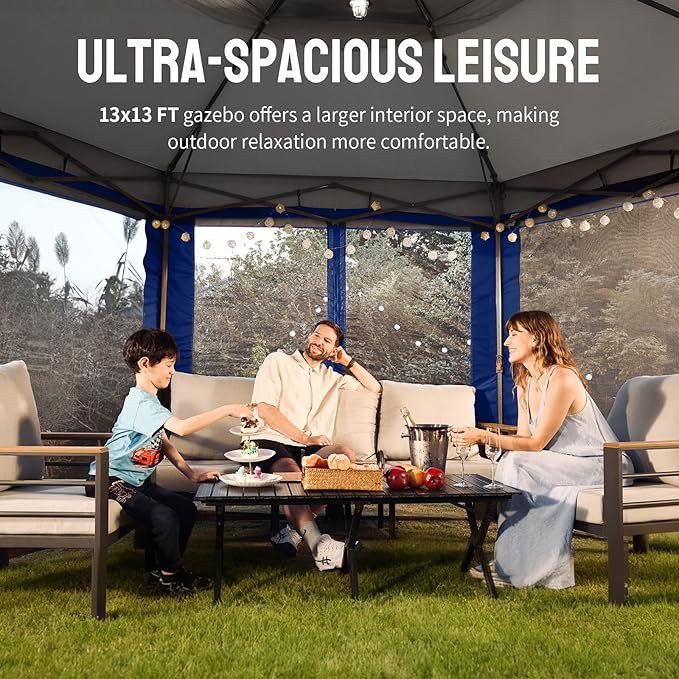 CROWN SHADES 13x13 Pop Up Gazebo with Mosquito Nettings, Patented Center Lock 6-Sided Portable Gazebo, 300D Silver-Coated Fabric UV Resistant, Pop Up Canopy Tent for Patio, Party, Blue&Light Grey