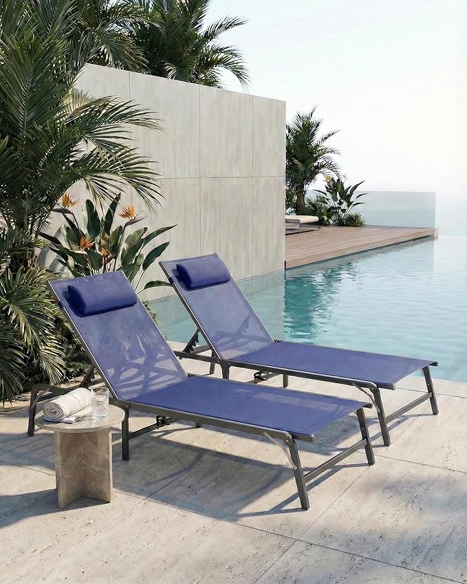 4 Pack Foldable Chaise Lounge Chair with Cup Holder, Assemble-Free Outdoor Lounge Chair with Detachable Pillow and 6 Adjustable Backrest, Patio Lounge Chair for Outside Poolside Beach Pool, Blue