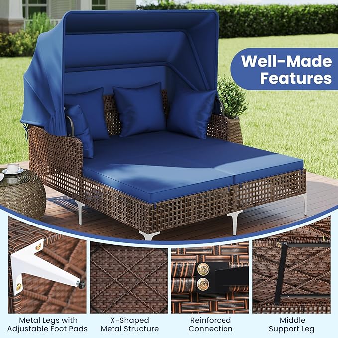 Tangkula Outdoor Rattan Daybed with Retractable Canopy, Boho Patio Wicker Sunbed with Metal Support, Pillows & Cushions, Outdoor Double Chaise Lounge with Shade for Backyard, Poolside, Deck & Balcony