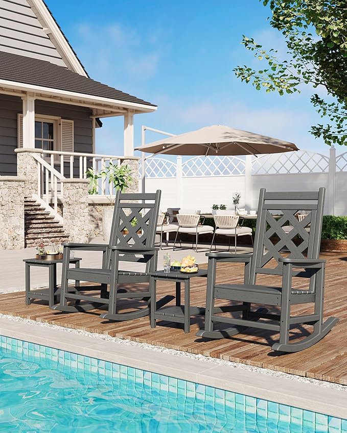 GarveeLife Outdoor Rocking Chair Set of 2, HDPE Weather Resistant Patio Rocking Chair Porch Rocker with Wood Texture & 380 LBS Support for Deck, Pool, Backyard, Gray