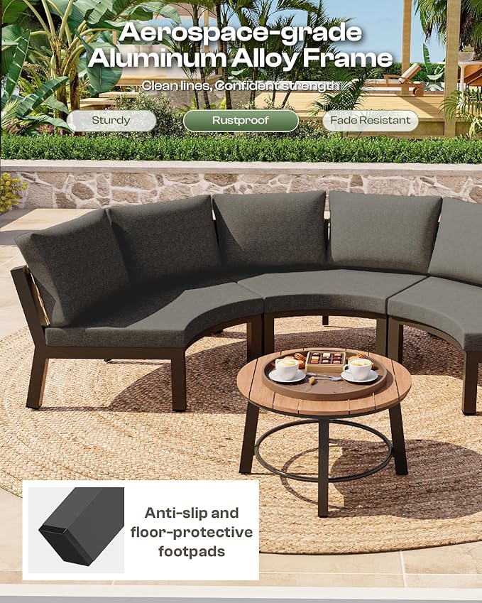 Outdoor Patio Furniture Set, 4 Piece Half-Moon Aluminum Patio Conversation Sets Curved Sofa with PE Rope, All-Weather Outdoor Sectional Sofas with Modular Coffee Table & Cushions, Graphite