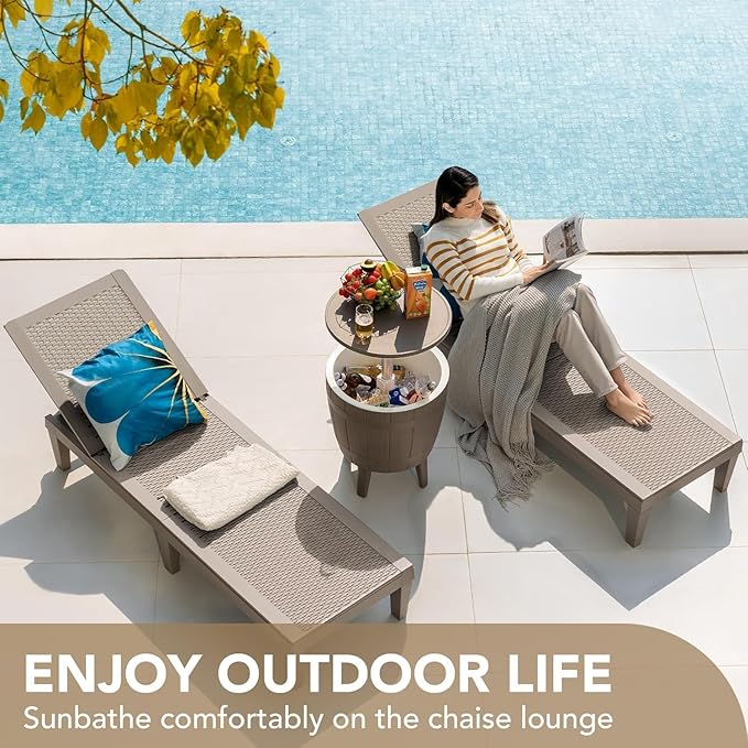 Devoko Outdoor Chaise Lounge Chair Set of 4 for Outside Pool Patio, Adjustable Waterproof Easy Assembly Chaise Lounge Outdoor (Light Brown, Set of 4)