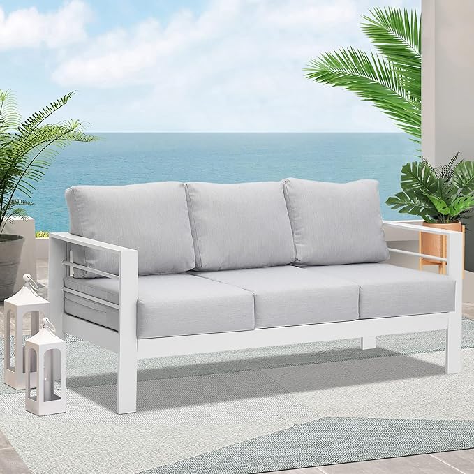 Wisteria Lane Patio Furniture Aluminum Sofa, All-Weather Outdoor 3 Seats Couch, White Metal Chair with Light Grey Cushions