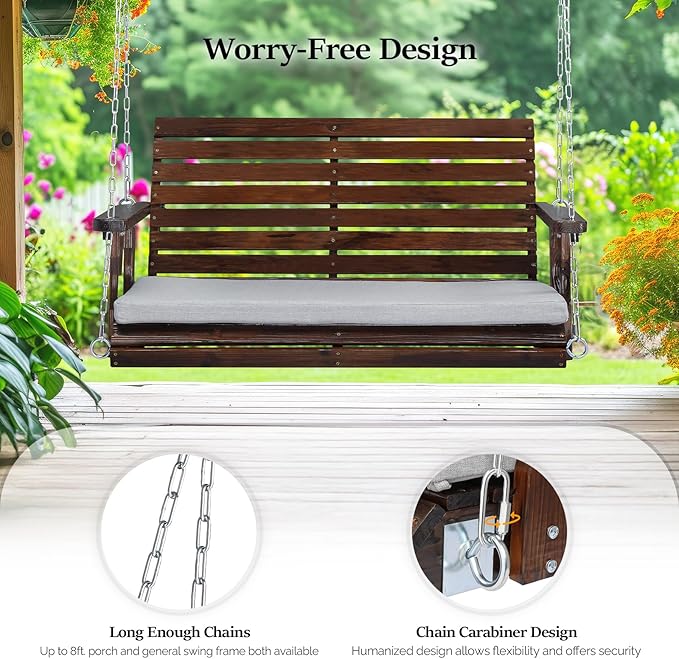 VINGLI Wooden Porch Swing, Heavy Duty 880 LBS Hanging Patio Bench with Extra Cushion for Lawn| Garden| Courtyard (Rustic, 4 feet)