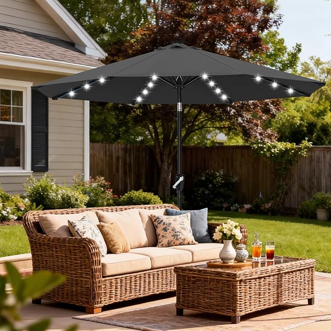 ABCCANOPY Durable Solar Led Patio Umbrellas with 32LED Lights 9FT (Dark Gray)