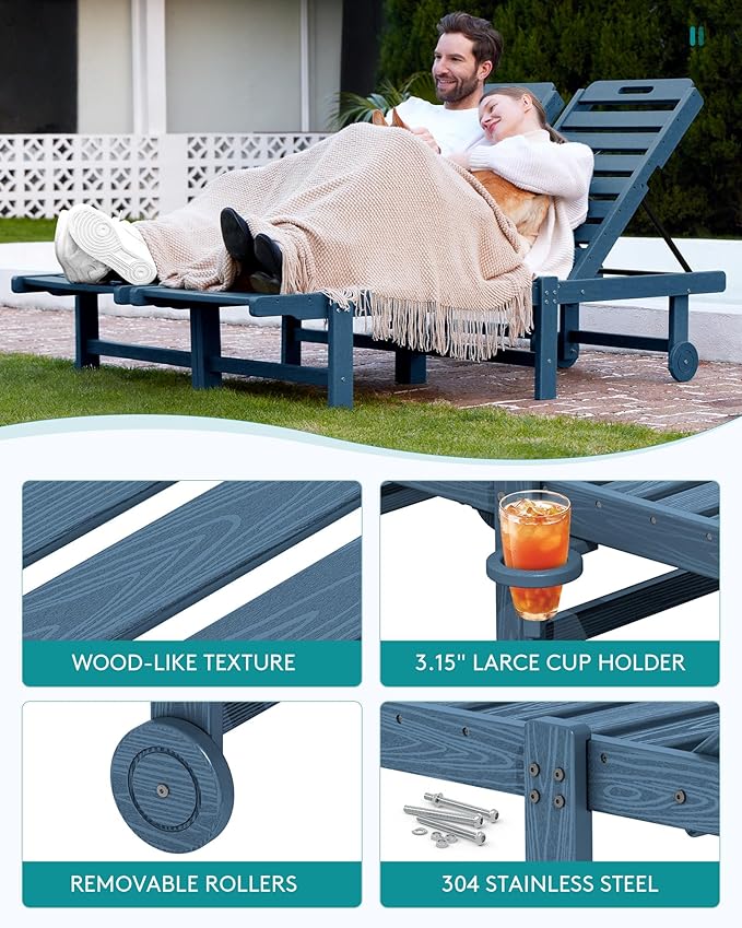 SERWALL Patio Chaise Lounge Chair Set of 4, HDPE Outdoor Lounge Chair with Cup Holder, 5 Positions Adjustable Poly Lounger with Rolling Wheels for Poolside, Deck, Sunbathing, Blue