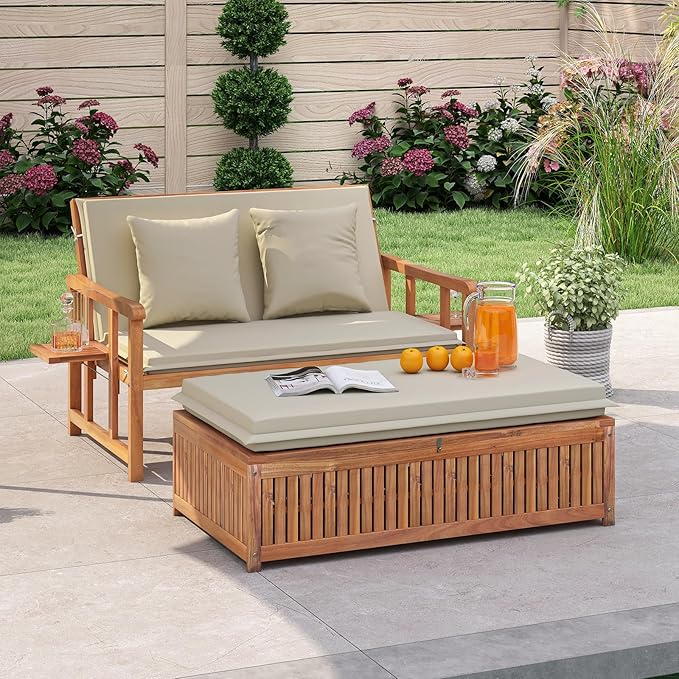 Tangkula Outdoor Acacia Wood Daybed with Storage Ottoman, Wood Patio Loveseat Sofa with 4-Level Backrest & Removable Cushions, 2 Folding Side Tables, Patio Recliner Lounger for Poolside, Backyard