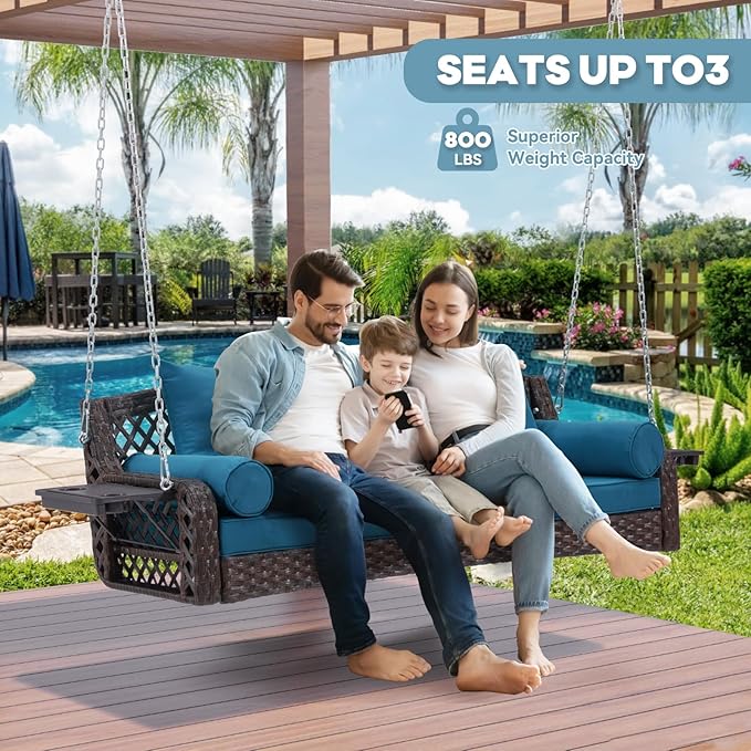 3 Seat Porch Swing, Wicker Patio Swing with Cup Holders & 3 Back Cushions, Yard Swing with Chains for Deck Garden Backyard,Brown Seagrass Rattan, Peacock Blue Cushion, 56-inch