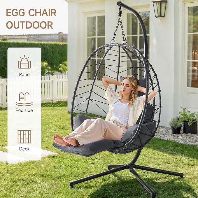 ONBRILL Hanging Egg Chair with Adjustable Footrest & Stand, Wicker Rattan Swing Hammock Chair with Cushion & Double Chains, 350LBS Capacity for Outdoor & Indoor Patio, Deck, Bedroom, Balcony (BL-GR)