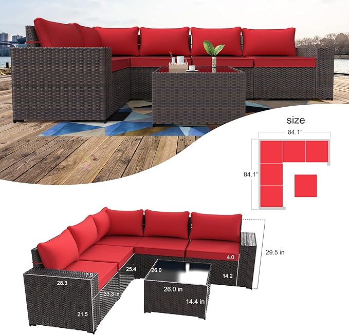 Kullavik Outdoor Patio Furniture Set 6 Pieces Sectional Rattan Sofa Set Brown PE Rattan Wicker Patio Conversation Set with 5 Seat Cushions and 1 Tempered Glass Table, Red