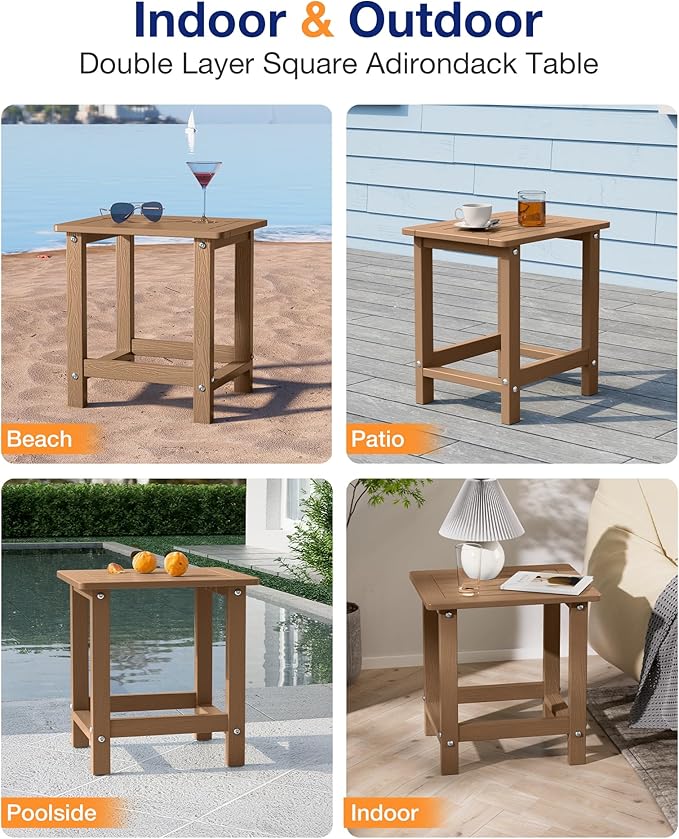 YEFU Outdoor Side Table for Patio: 16" HIPS Weather - Resistant Adirondack Tables Set of 2 - Small Square End Tables for Backyard Pool Porch Balcony - Indoor Outdoor Durable Table Teak
