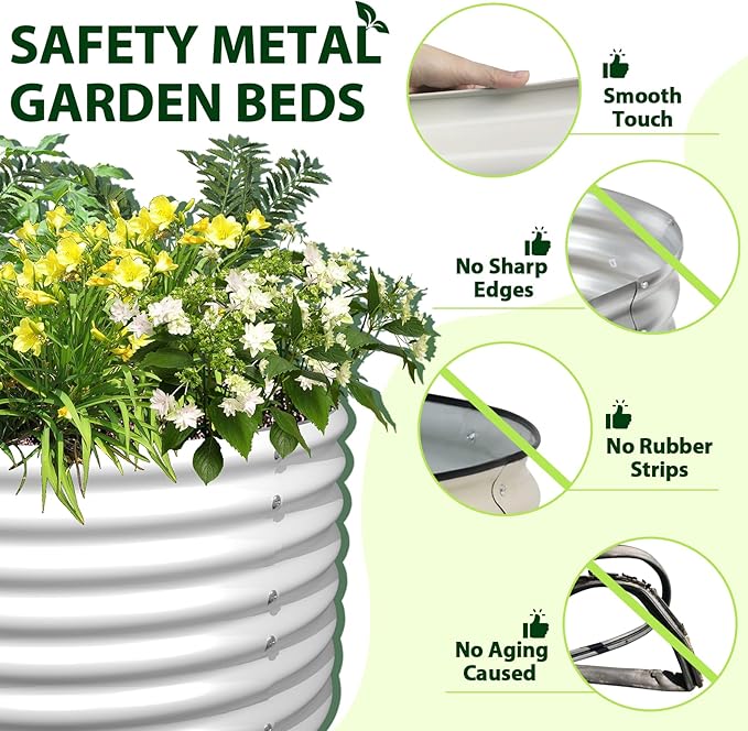 A ANLEOLIFE 2-Set 8X4X2 ft Galvanized Raised Garden Bed Kit, Oval Metal Deep Root Planters for Outdoor Plants, Antique White