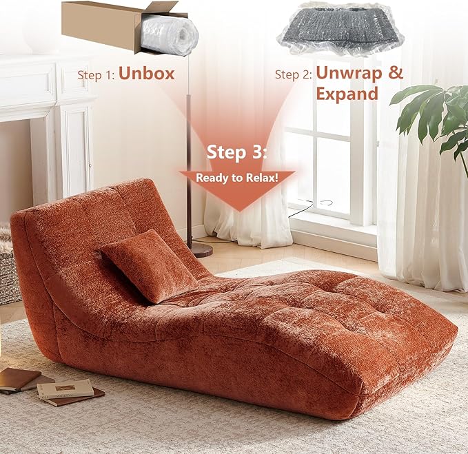 Chaise Lounge Chair with Curved Back, Modern Upholstered Recliner Sofa, Tufted Accent Lounger Comfortable Lazy Chair for Bedroom, Apartment (Orange)