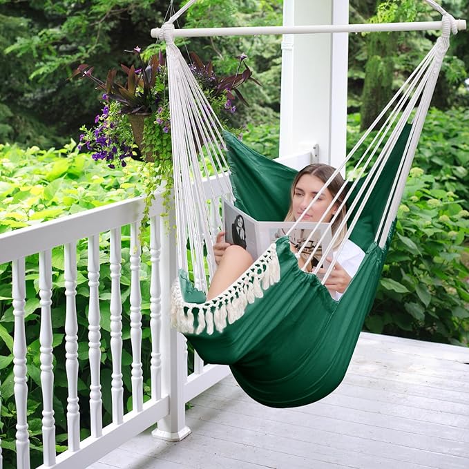 Chihee Hammock Chair Hanging Chair with Foot Rest 2 Cushions Max 500lbs Robust Metal Spreader Bar Collapsible Easy Storage Soft Cotton Swing Chair Strong Strap Iron Carabiner Side Pocket Included