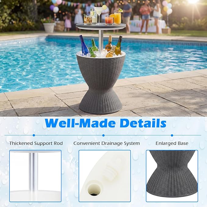 Tangkula Outdoor Cool Bar Table, Rattan Patio 8 Gallon Beer & Wine Cooler, All-Weather Ice Bucket w/Height Adjustable Top, Drainage Plug, 3-in-1 Cocktail Bar Table for Party, Barbecue, Picnic (Grey)
