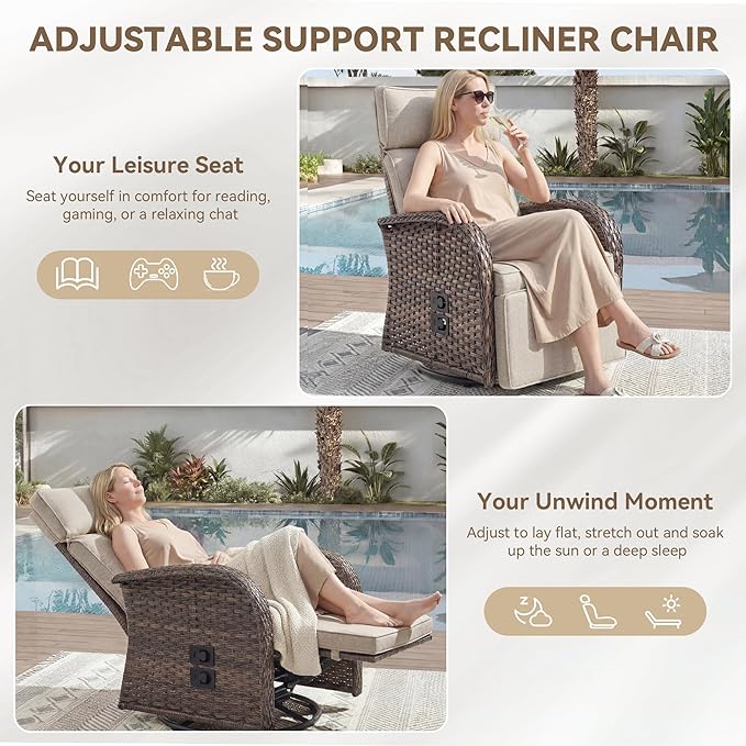 Zero Gravity Patio Swivel Rocking Recliner Chairs Set of 2 - Wicker Outdoor Lounge Chair with Adjustable Backrest & Footrest, All Weather Reclining Rocker Chairs with Thick Cushion for Pool Deck Beige