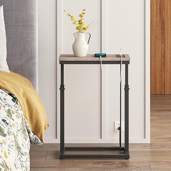 TUTOTAK End Table with Charging Station, Side Table, Tall Couch Table, Sofa Table, Living Room, Bedroom,Greige TB01BG084