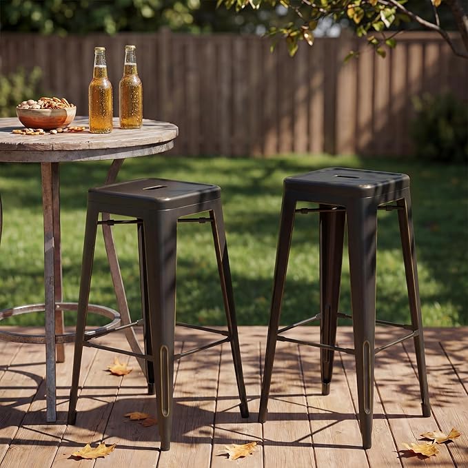 Shahoo 30 Inches Metal Bar Stools Counter Height Stackable Backless Stools, Industrial Patio Stools Indoor Outdoor Metal Kitchen Stools Set of 4 (Black Gold, 30'')