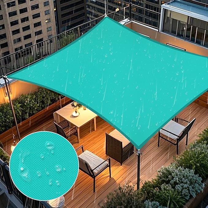 Artpuch Waterproof Sun Shade Sail, 12'x16' Turquoise Rectangular, UV Resistant Rain Canopy, Curved Edges Shade Cloth for Outdoor Patio, Deck, Yard